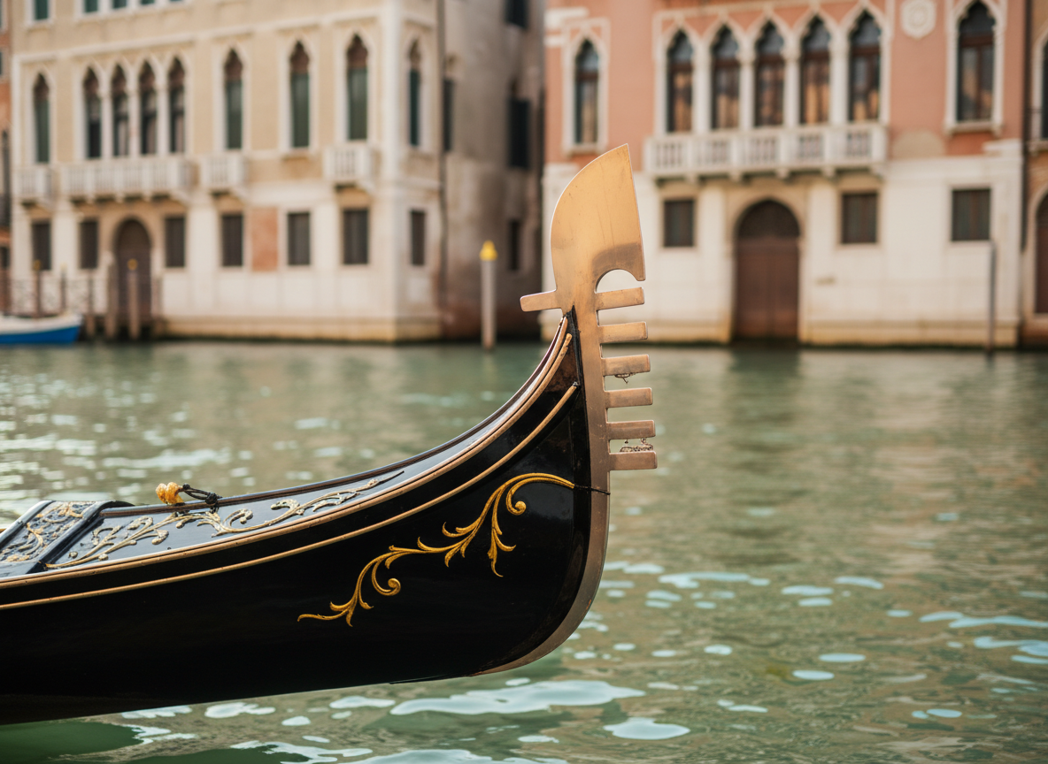 A polished wooden gondola prow, richly lacquered in deep black with intricate gold leaf scrollwork, rises from still Venetian canal water. The gleaming metal ferro at the front catches the late afternoon sun, reflecting warm highlights onto the rippling green-blue surface. In the background, softly out of focus, elegant Renaissance facades with peeling pastel plaster and arched windows line the narrow canal. Photographic realism, shot at eye level from the bow, with a shallow depth of field that keeps the prow in crisp detail while the city recedes into a soft bokeh. The mood is cultured and contemplative, evoking quiet exploration and refined cultural discovery.